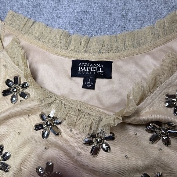 Adrianna Papell Dress Tan Gem Flowers sparkle Cocktail Evening Dress size 8 - Picture 9 of 16